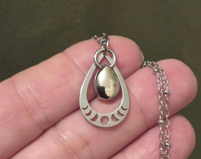 Tiny Tear Ashes Pendant | Moon Phases Urn Necklace, Teardrop Urn Cremation Jewelry, Stainless Steel Mini Ashes Necklace