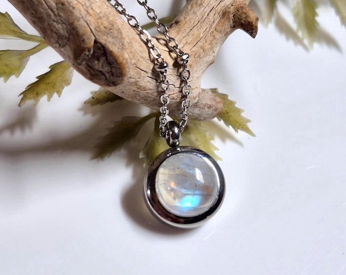 Rainbow Moonstone Crystal Locket Necklace, Small Gemstone Memorial Pendant, Cremation Ashes Keepsake Urn Jewelry