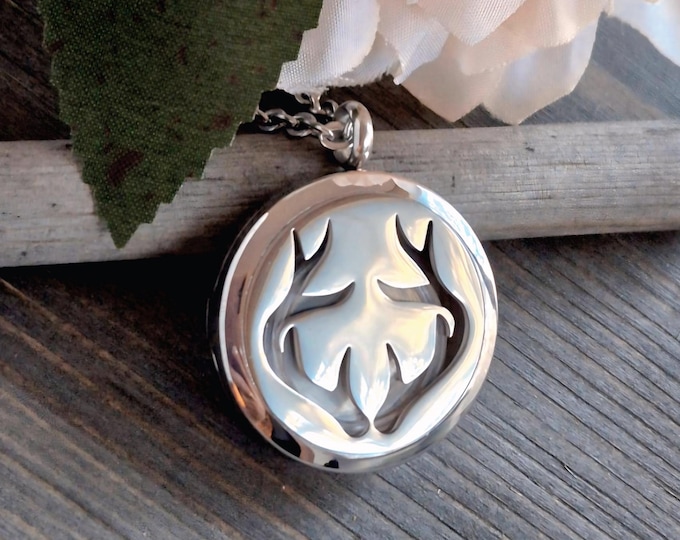 Deer Antler Locket, Urn Necklace for Ashes / Locks of Hair, Stainless Steel Cremation Jewelry for men or women