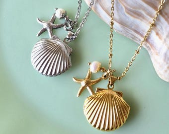 Sea Shell Memorial Ashes Necklace | Stainless Steel Cremation Urn Jewelry | Beach Keepsake Locket