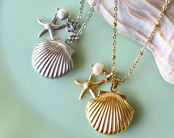 Sea Shell Memorial Ashes Necklace | Stainless Steel Cremation Urn Jewelry | Beach Keepsake Locket