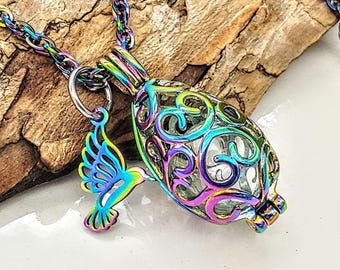 Rainbow Teardrop Locket, Glass Urn Necklace, Hummingbird Keepsake Jewelry, Memorial Cremation Pendants