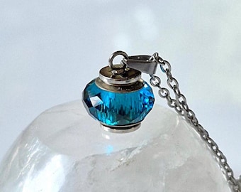 Small Blue Glass Urn Necklace Cremation Jewelry for Ashes | Stainless Steel Memorial Keepsakes