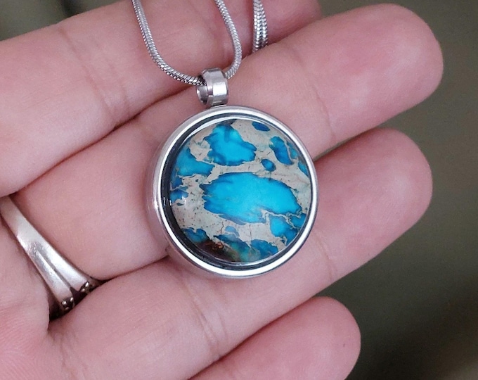 Blue Imperial Jasper Locket, Keepsake Urn Necklace, Ash Holder Jewelry, Cremation Ashes Pendant