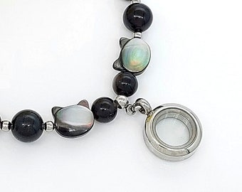 Cat Locket Bracelet for Ashes, Black Obsidian Keepsake Jewelry, Kitty Memorial Cremation Jewelry