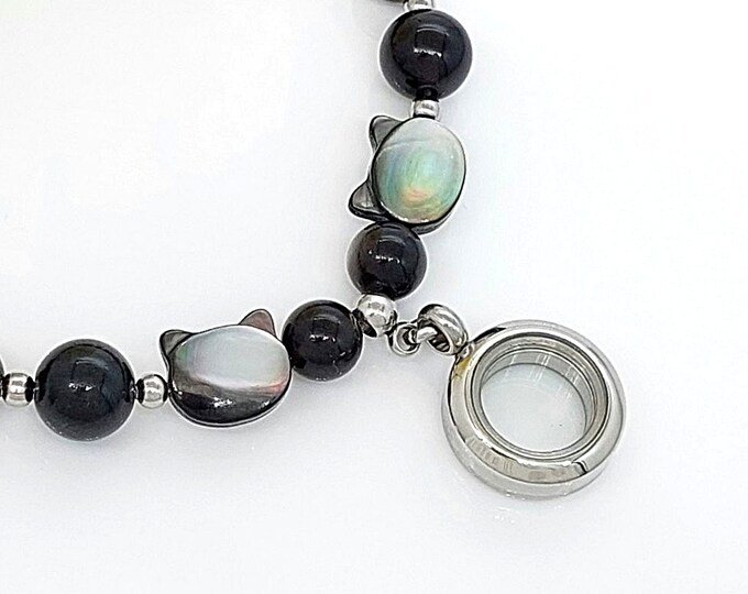 Kitty Cat Locket Bracelet for Ashes | Cat Memorial, Cremation Jewelry | Black Obsidian Bracelet for Ashes | Cat Lovers Keepsake Gifts for He