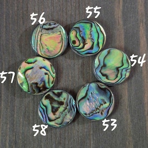 May include: Six circular abalone shell cabochons with iridescent swirls of green, blue, pink, and purple. Each piece is labeled with a white handwritten number: 53, 54, 55, 56, 57, and 58. The shell pieces display natural, unique patterns.
