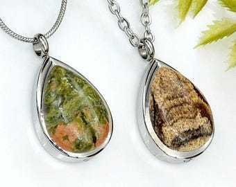 Teardrop Unakite/Jasper Urn Necklace: Stone Cremation Jewelry Locket | Keepsake Jewellery