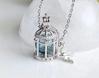 925 Sterling Silver Birdcage Locket with Sparrow Necklace | Bird Cage Urn Necklace for Ashes | Quality Cremation Jewelry Gifts for Mom