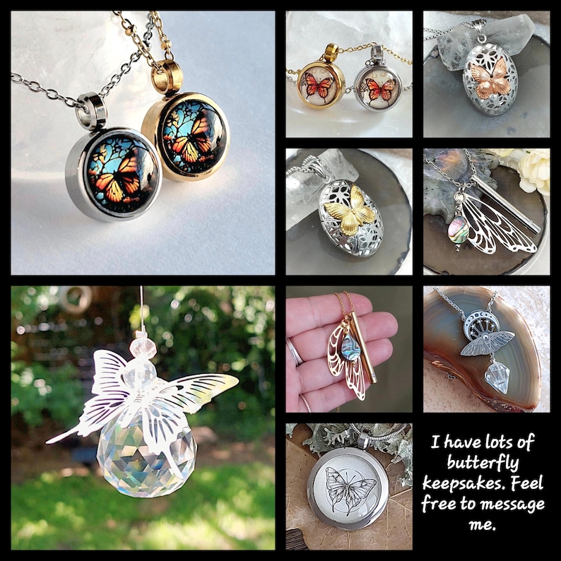 Puede incluir: Una colecci&oacute;n de recuerdos con tem&aacute;tica de mariposas, que incluye collares y colgantes. Los collares presentan colgantes redondos tipo medall&oacute;n con dise&ntilde;os de mariposas coloridas. Otros art&iacute;culos incluyen un adorno de &aacute;ngel de cristal y un colgante con dise&ntilde;o de ala de mariposa.