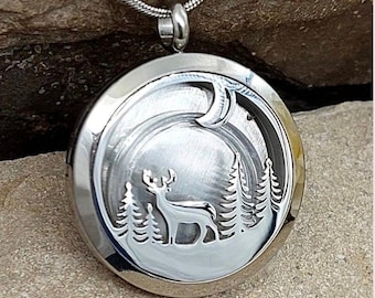 Deer Locket Urn Necklace, Stainless Steel Cremation Jewelry, Memorial Ash Pendant, Stag/Buck/Elk Keepsake Jewellery