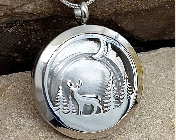 Deer Locket Urn Necklace, Stainless Steel Cremation Jewelry, Memorial Ash Pendant, Stag/Buck/Elk Keepsake Jewellery