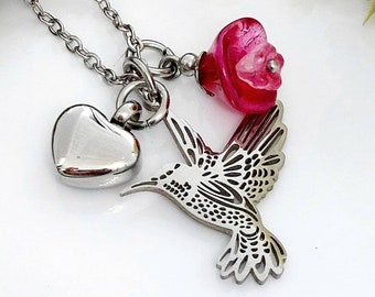Hummingbird Cremation Ash Charm Necklace w/ funnel fill kit | Stainless Steel Memorial Ashes Keepsake, Urn Jewelry Gifts for Her