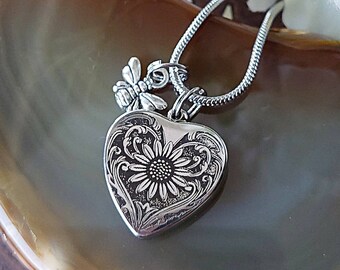 Silver Sunflower Urn Necklace - Cremation Jewelry | Cremation Necklace | Cremation Urn Jewelry | Ashes - Memorial | Sunflower | Urn Gift Mom