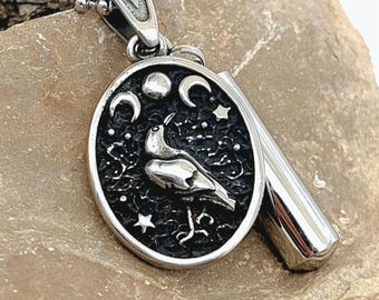 Crow Moon Phases Urn Necklace : Memorial Ash Keepsakes | Stainless Steel Cremation Ashes Pendant | Sympathy Gifts