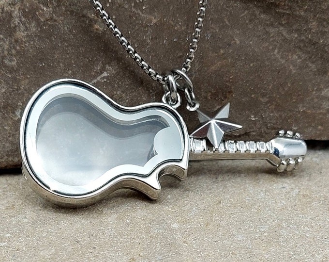 Memorial Jewelry Guitar Glass Locket Necklace for Ashes, Lock of Hair | Keepsake Gift | Music Instrument Urn Jewellery | Cremation Jewelry