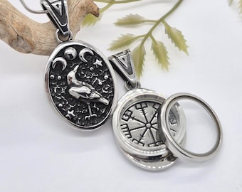 Crow Locket Urn Necklace | Stainless Steel Cremation Ashes Jewelry | Moon Phases Pendant