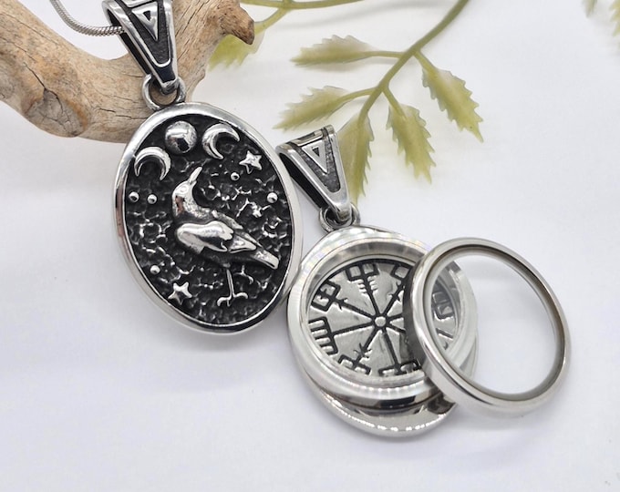 Crow Locket Urn Necklace | Stainless Steel Cremation Ashes Jewelry | Moon Phases Pendant