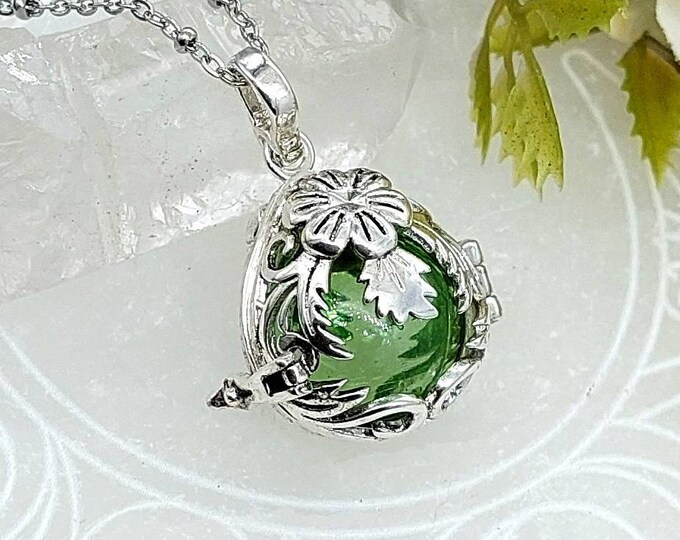 Green Glass Floral Teardrop Locket Necklace | Cremation Urn Necklace | Memorial Ashes Keepsake | Cremation Jewelry | Loss of Loved One Gift