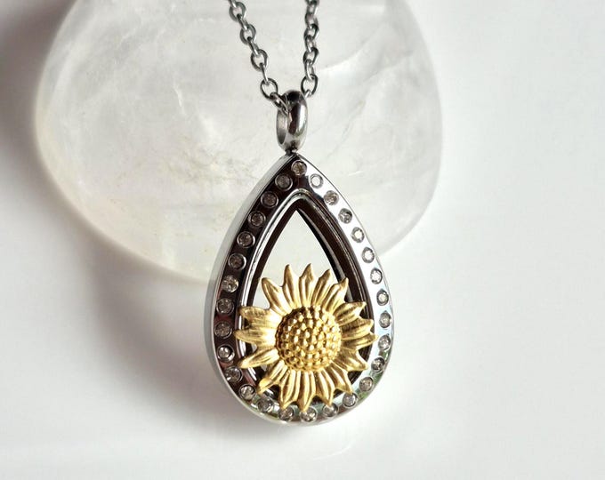 Sunflower Cremation Ashes Jewelry |  Teardrop Urn Necklace | Memorial Ash Keepsake Lockets | Condolence Gifts
