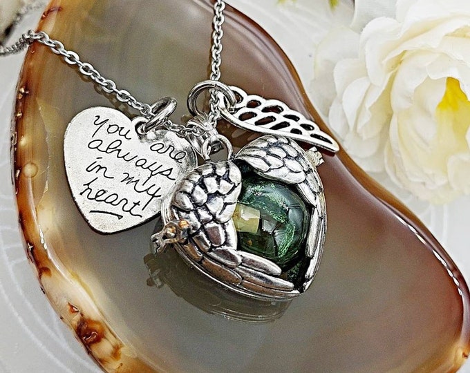 Silver Angel Wings Urn Locket Necklace for Ashes or Hair | Keepsake Jewelry | Glass Locket | Cremation Jewelry | Memorial Jewelry Gifts