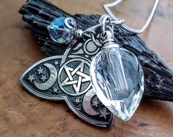 Trinity Moon Crystal Urn Necklace, Keepsake Ashes Pendant, Pentacle Jewelry for Ash Remains
