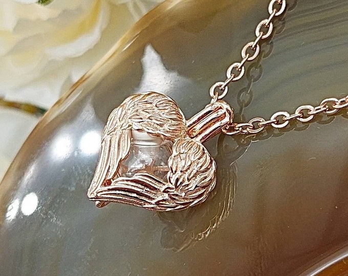 Simple Gold Heart Locket | Urn Necklace for Ashes | Urn Jewelry Gift for Women | Mourning Jewellery | Angel Wings Cremation Jewelry