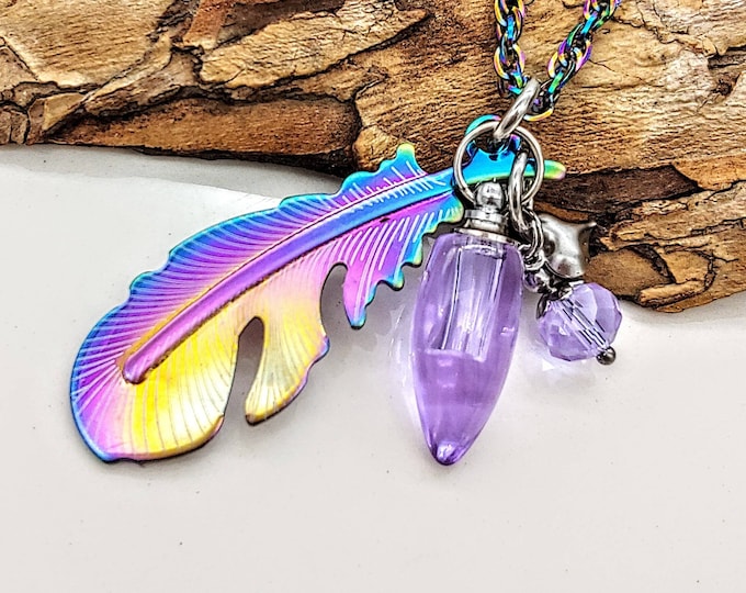Rainbow Feather Urn Necklace | Jewelry for Girls | Cremation Pendant | Feather Necklace | Cremation Jewelry | Memorial Jewelry | Ash Holder