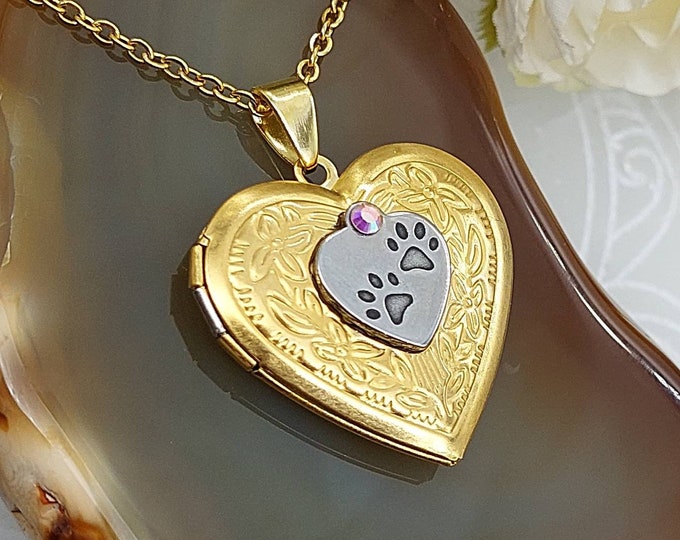 Paw Prints Gold Heart Locket for Ashes or Fur | Pet Cremation Jewelry Jewellery | Animal Fur Hair Locket | Pet Memorial Gift | Urn Necklace