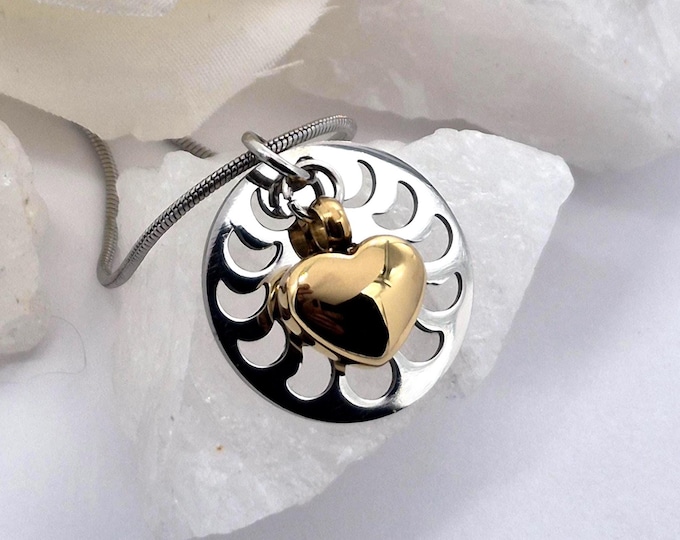 Moon Phases Urn Pendant Necklace: Heart Cremation Jewelry for Ashes, Memorial Ash Keepsakes