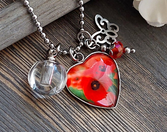 Poppy Urn Necklace | Red Poppy, Orange Poppies Keepsake Ashes Necklace | Urn Jewellery | Cremation Jewelry | Memorial Ash Pendant for Women