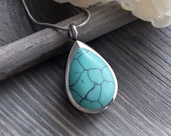 Turquoise Howlite Teardrop Locket | Urn Necklace for Human Ashes, Cremains | Cremation Jewelry | Fillable Jewelry | Memorial Gifts for Her