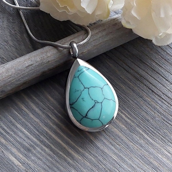Turquoise Howlite Teardrop Urn Locket | Cremation Urn |  Cremation Jewelry | Human Ash Pendant | Fillable Jewelry | Memorial Gift