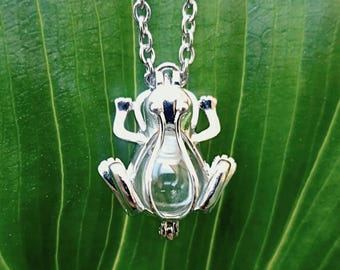 Sterling Silver Frog Locket : Cremation Necklace for Ashes, Frog Urn Pendant, Glass Keepsake Jewelry