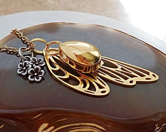 Butterfly Wing Cremation Ash Necklace, Gold Stainless Steel Memorial Ashes Pendant, Keepsake Urn Jewelry