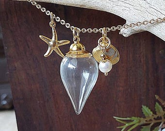 Seashell Urn Necklace, Gold-Plated Glass Locket for Ashes, Hair, Pet Fur, Beach Sand, Dried Flowers