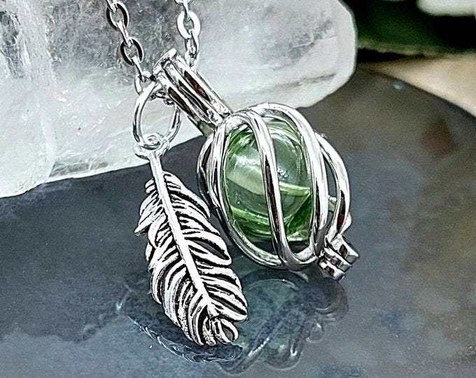 Sterling Silver Feather Locket, Glass Cremation Jewelry, Memorial Keepsake Urn Necklace