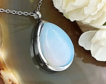 Opalite Teardrop Urn Necklace | Glass Lockets for Ashes | Cremation Ash Pendant | Jewelry for Cremains | Ash Keepsakes