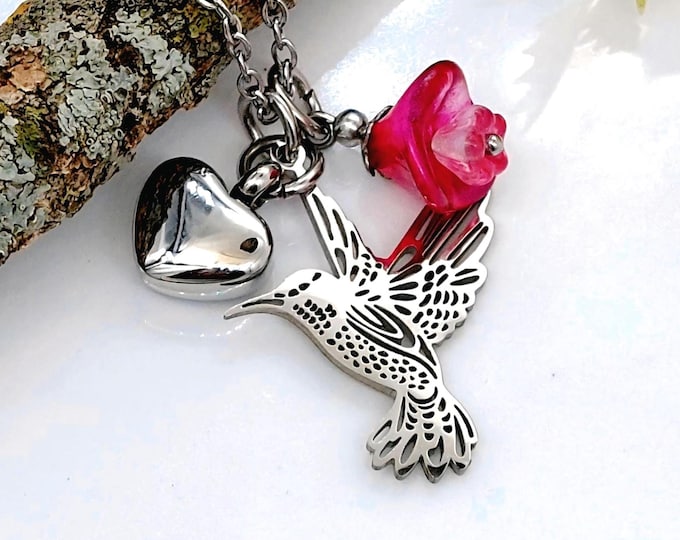 Hummingbird Cremation Urn Necklace | Stainless Steel Memorial Ashes Keepsake, Gifts for Her