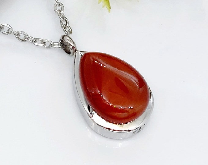 Red Carnelian Teardrop Urn Locket Necklace for Ashes, Hair, Pet Fur | Cremation Jewelry Locket | Gemstone Urn | Fillable Jewelry Gift