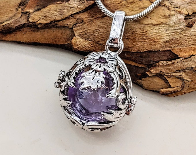 Lavender Glass Floral Teardrop Locket Necklace | Cremation Urn Necklace | Memorial Urn Locket | Ashes Keepsake | Cremation Jewelry Locket