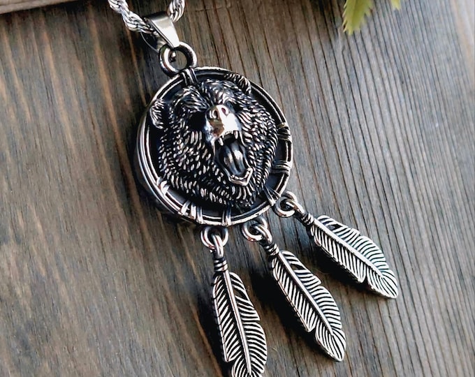 Large Bear Dreamcatcher Locket | Cremation Urn Jewelry for Men - Women, Car Mirror Charm, Memorial Ashes Jewelry