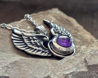 Fillable Amethyst Crystal Angel Wings Locket with Chain Choice: Memorial Jewellery | Cremation Ashes Jewelry