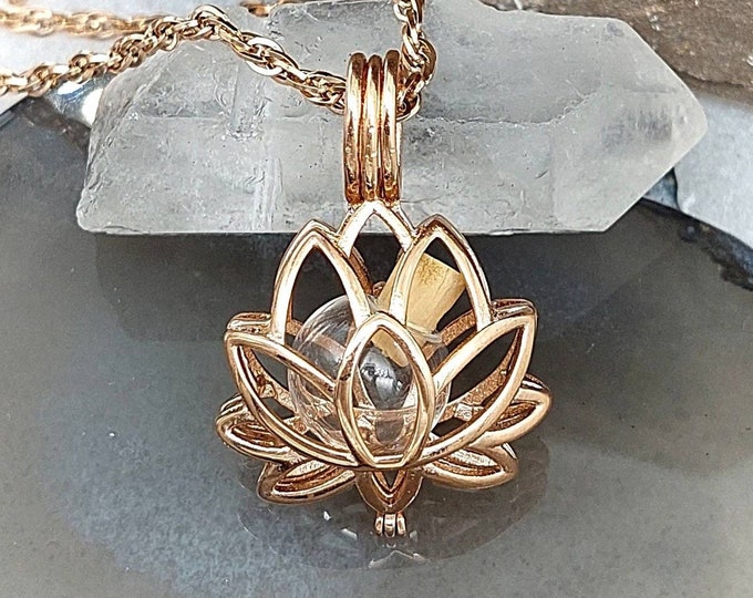 Rose Gold Lotus Flower Urn Locket Pendant with Glass Orb | Cremation Jewelry | Waterlily Locket | Keepsake Gift | Fillable Jewelry for Ashes