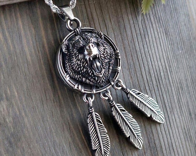 Large Bear Dreamcatcher Locket | Cremation Urn Jewelry for Men - Women, Car Mirror Charm, Memorial Ashes Jewelry