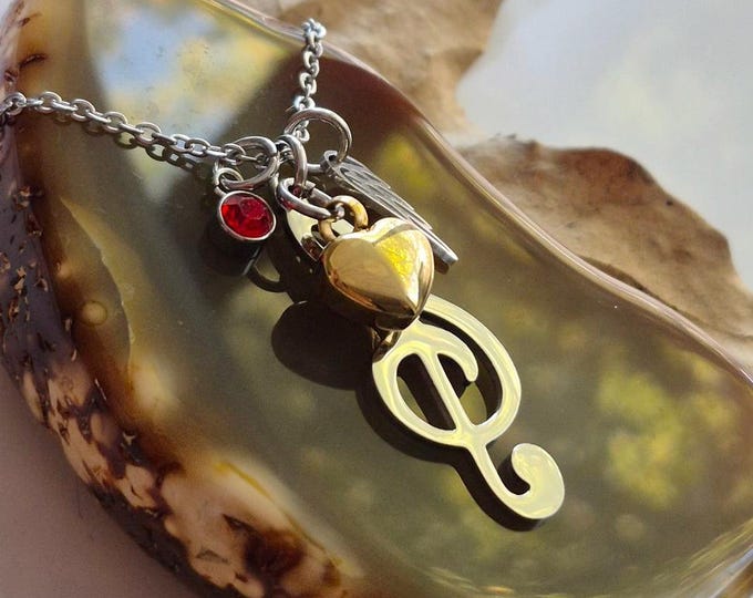 Music Note Memorial Ash Necklace w/ Birthstone Charm Choice: Stainless Steel Cremation Jewelry | Ashes Keepsake Pendant