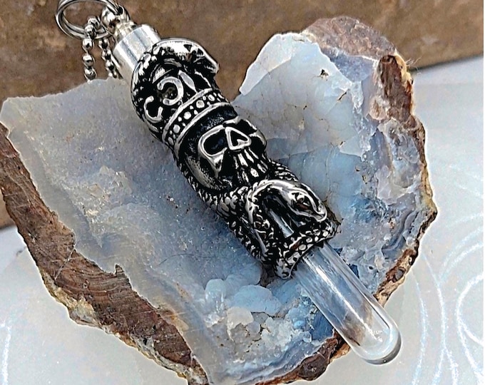 Skull Urn Necklace | 2 inch Long Glass Pendant, Cremation Ashes Keepsake