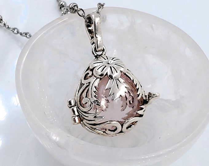 Floral Teardrop Locket for Ashes, Urn Necklace, Pale Pink Glass Cremation Jewelry, Glass Pendant