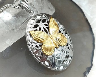 Memorial Butterfly Urn Locket Necklace for Ashes Hair Pet Fur | Cremation Jewelry | Keepsake for 2 two | Double Chamber Cremation Necklace
