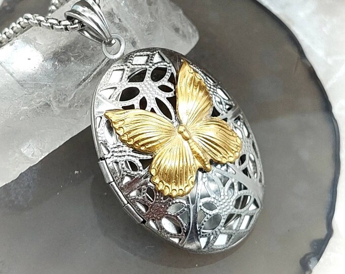 Butterfly Locket | Urn Necklace for Human Ashes, Hair, Pet Fur | Cremation Jewelry | Keepsake for 2, Two | Double Chamber Cremation Necklace